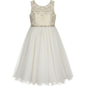 Couture Princess Dress Girls 12 Ivory Gold Damask Tulle Jeweled Waist Formal